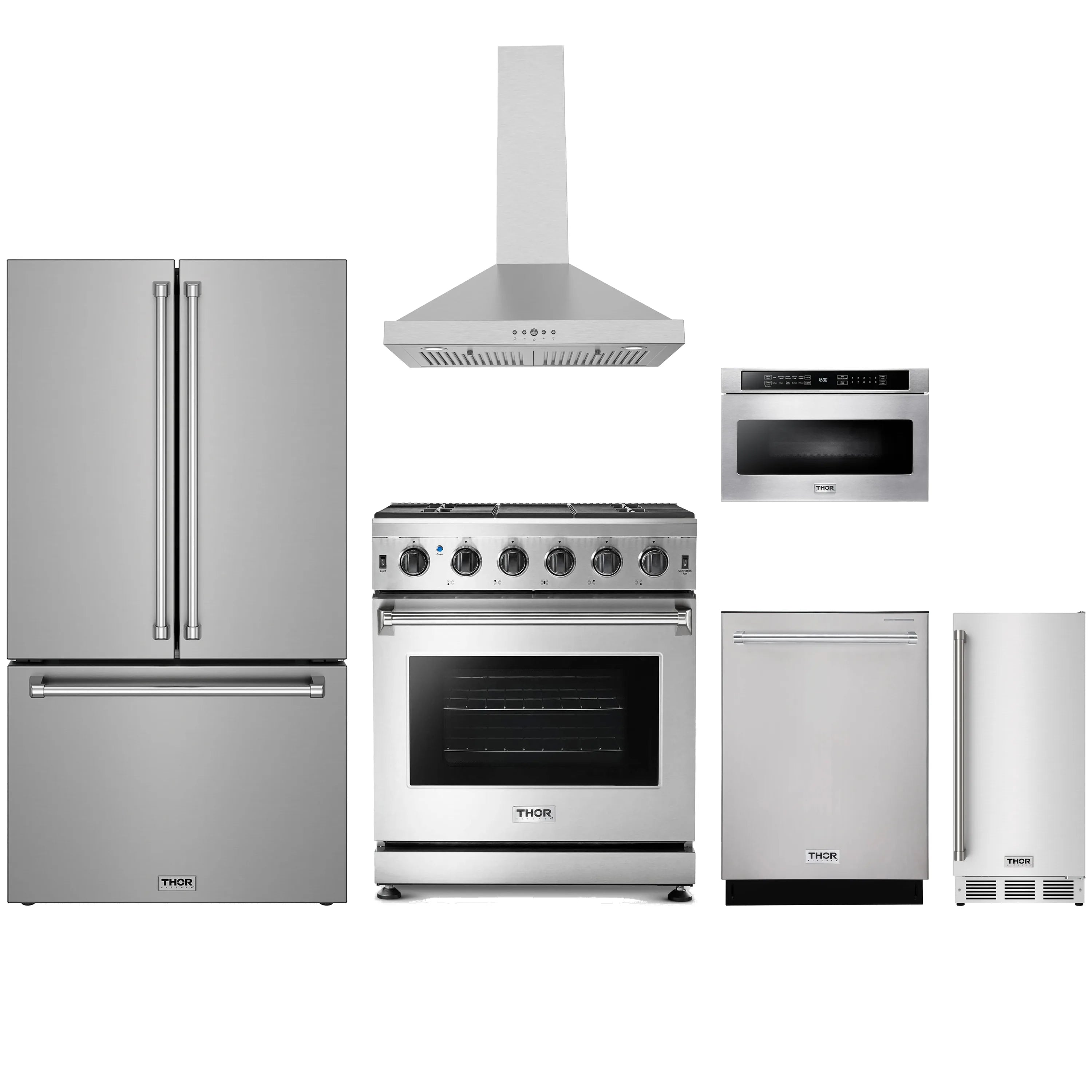 Stainless steel appliance package with gas range, wall hood, microwave drawer, dishwasher, fridge
