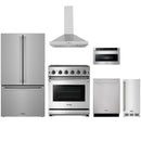 Stainless steel Thor Kitchen appliance package with 30-inch range, range hood, counter-depth refrigerator, dishwasher, microwave drawer, ice maker