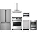 Stainless steel Thor Kitchen appliance package with 30-inch range, range hood, counter-depth refrigerator, dishwasher, microwave drawer, wine cooler