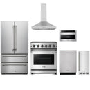 Stainless steel Thor Kitchen appliance package with 30-inch range, range hood, french door refrigerator, dishwasher, microwave drawer, ice maker
