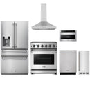 Stainless steel Thor Kitchen appliance package with 30-inch range, range hood, refrigerator with water dispenser, dishwasher, microwave drawer, ice maker