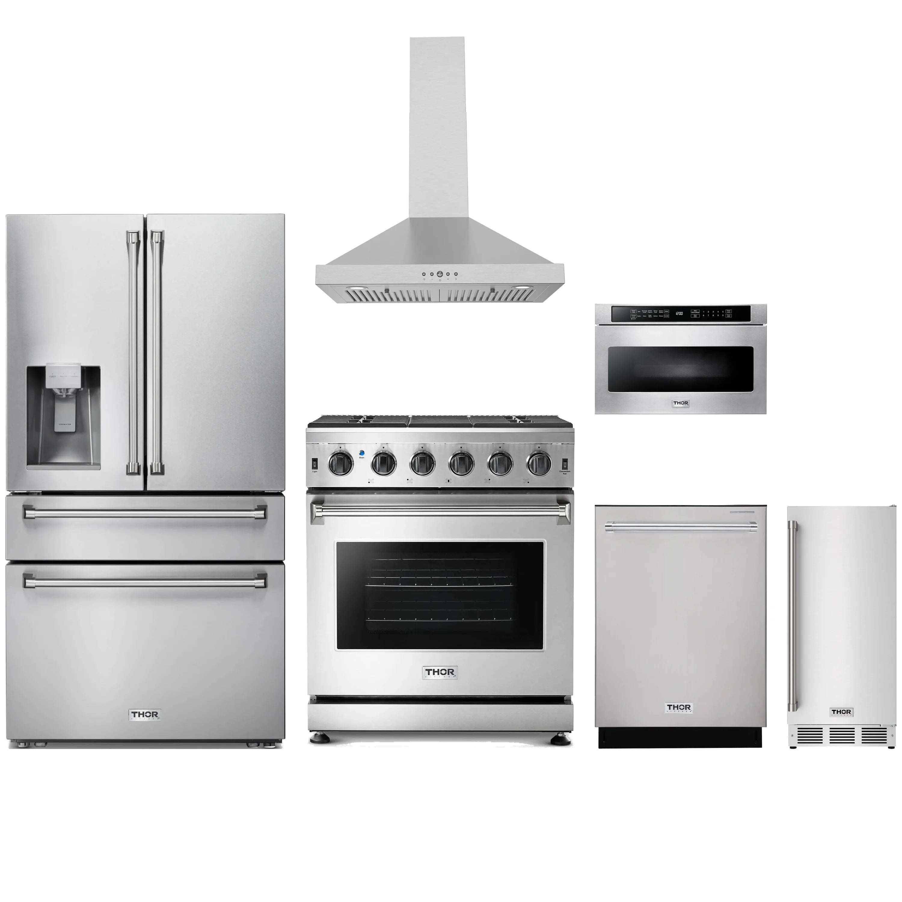 6-piece stainless steel appliance package with gas range, wall hood, fridge, and dishwasher