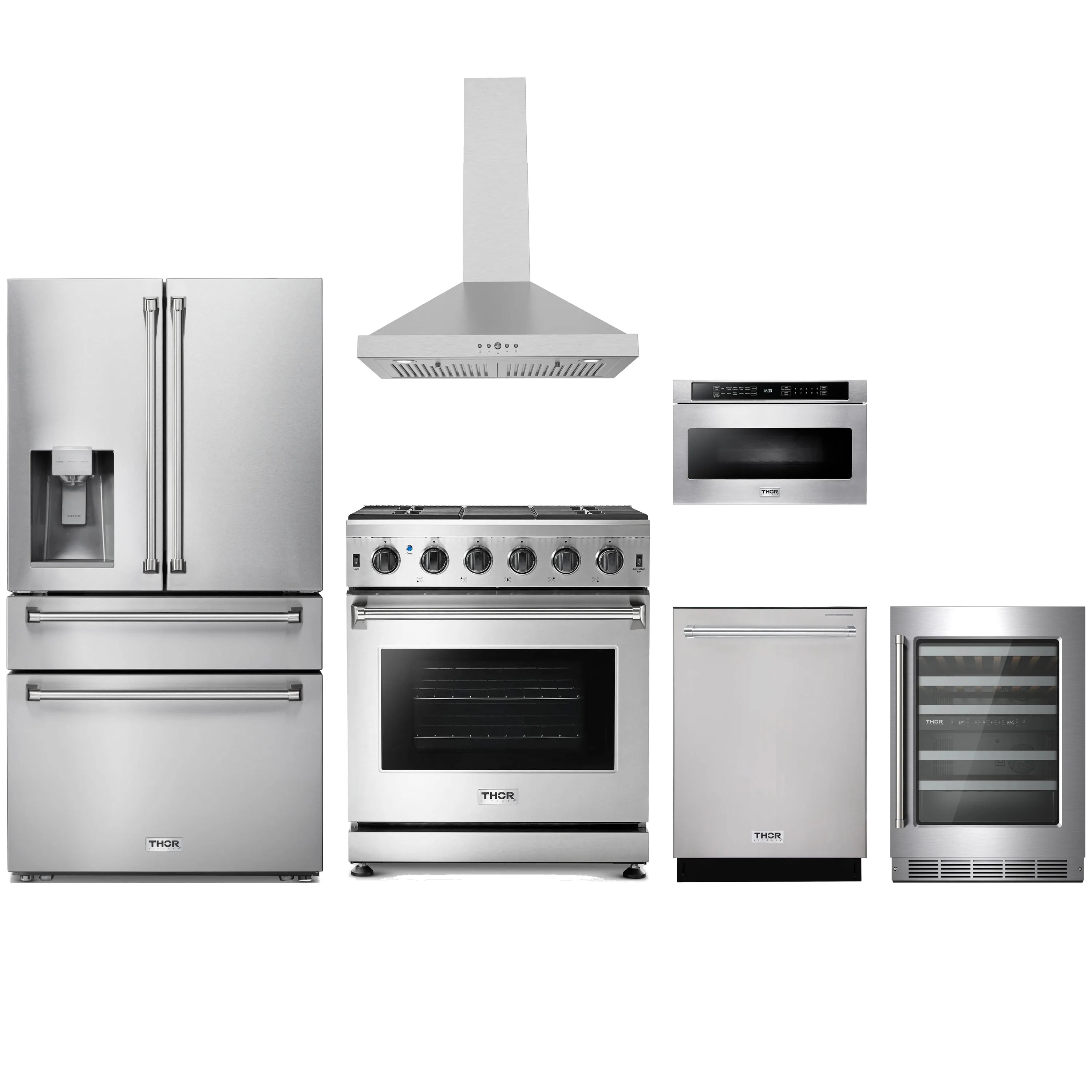 Stainless steel appliance package with gas range, refrigerator, wall hood, dishwasher, and microwave