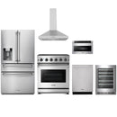 Stainless steel Thor Kitchen appliance package with 30-inch range, range hood, refrigerator with water dispenser, dishwasher, microwave drawer, wine cooler