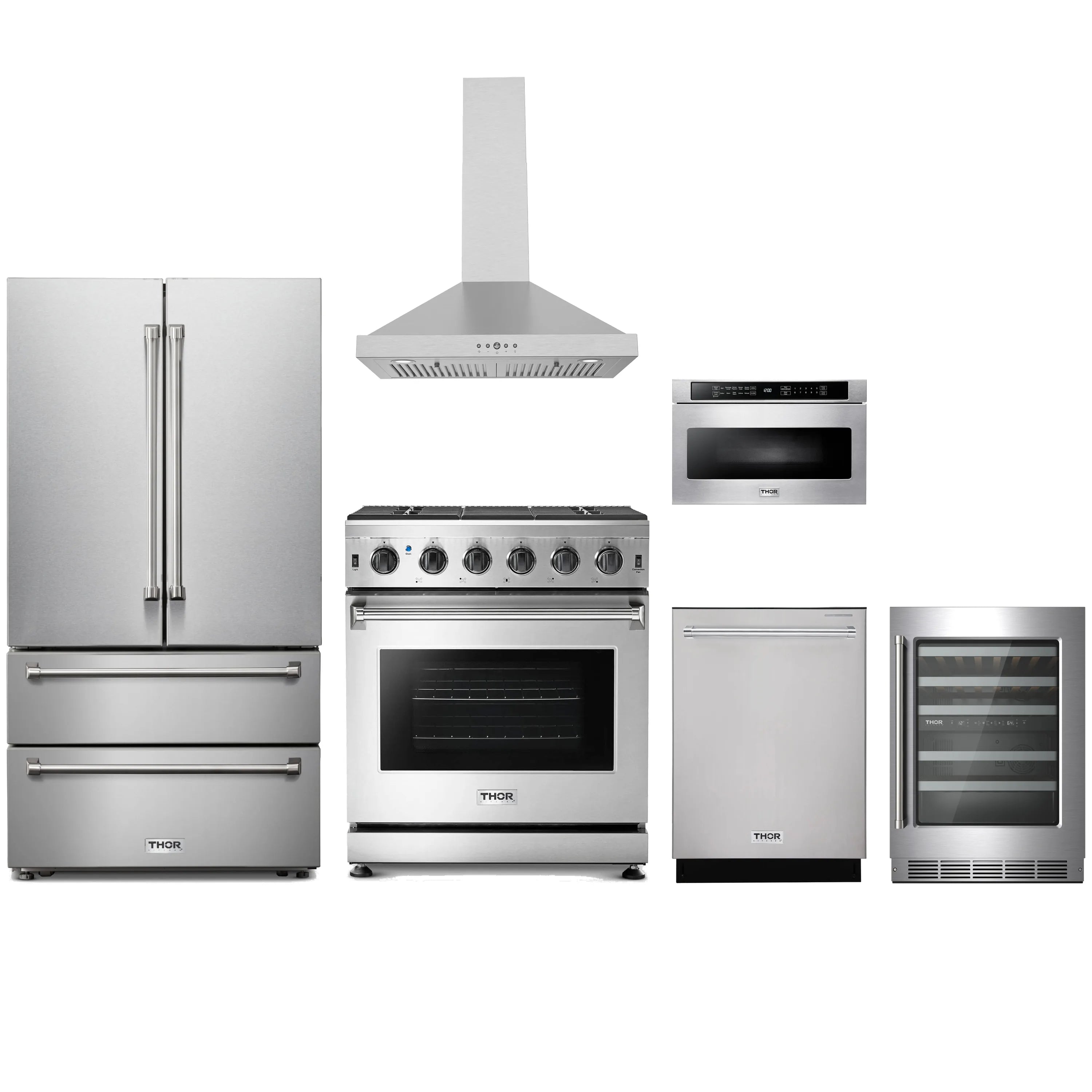 Stainless steel appliance package with gas range, hood, refrigerator, dishwasher, microwave, cooler