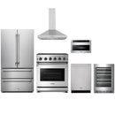 Stainless steel Thor Kitchen appliance package with 30-inch range, range hood, french door refrigerator, dishwasher, microwave drawer, wine cooler