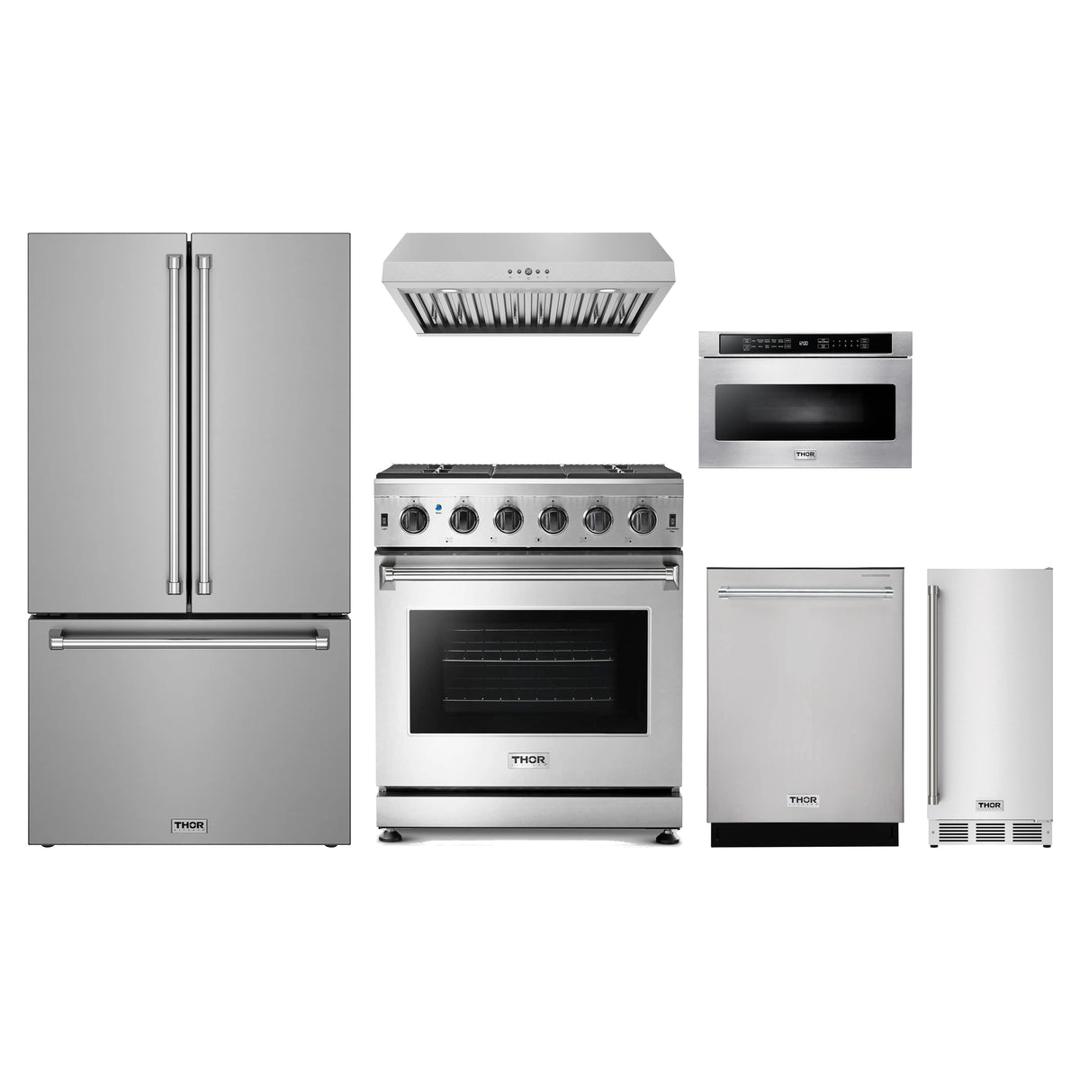 Thor Kitchen 6-Piece Appliance Package - 30-Inch Propane Gas Range, Counter-Depth Refrigerator, Under Cabinet Hood, Dishwasher, Microwave Drawer, & Ice Maker in Stainless Steel