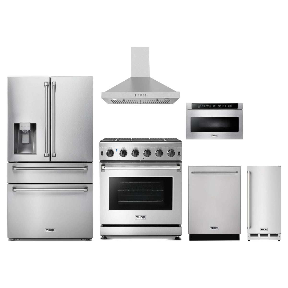 Thor Kitchen 6-Piece Appliance Package - 30-Inch Propane Gas Range, Refrigerator with Water Dispenser, Wall Mount Hood, Dishwasher, Microwave Drawer, & Ice Maker in Stainless Steel