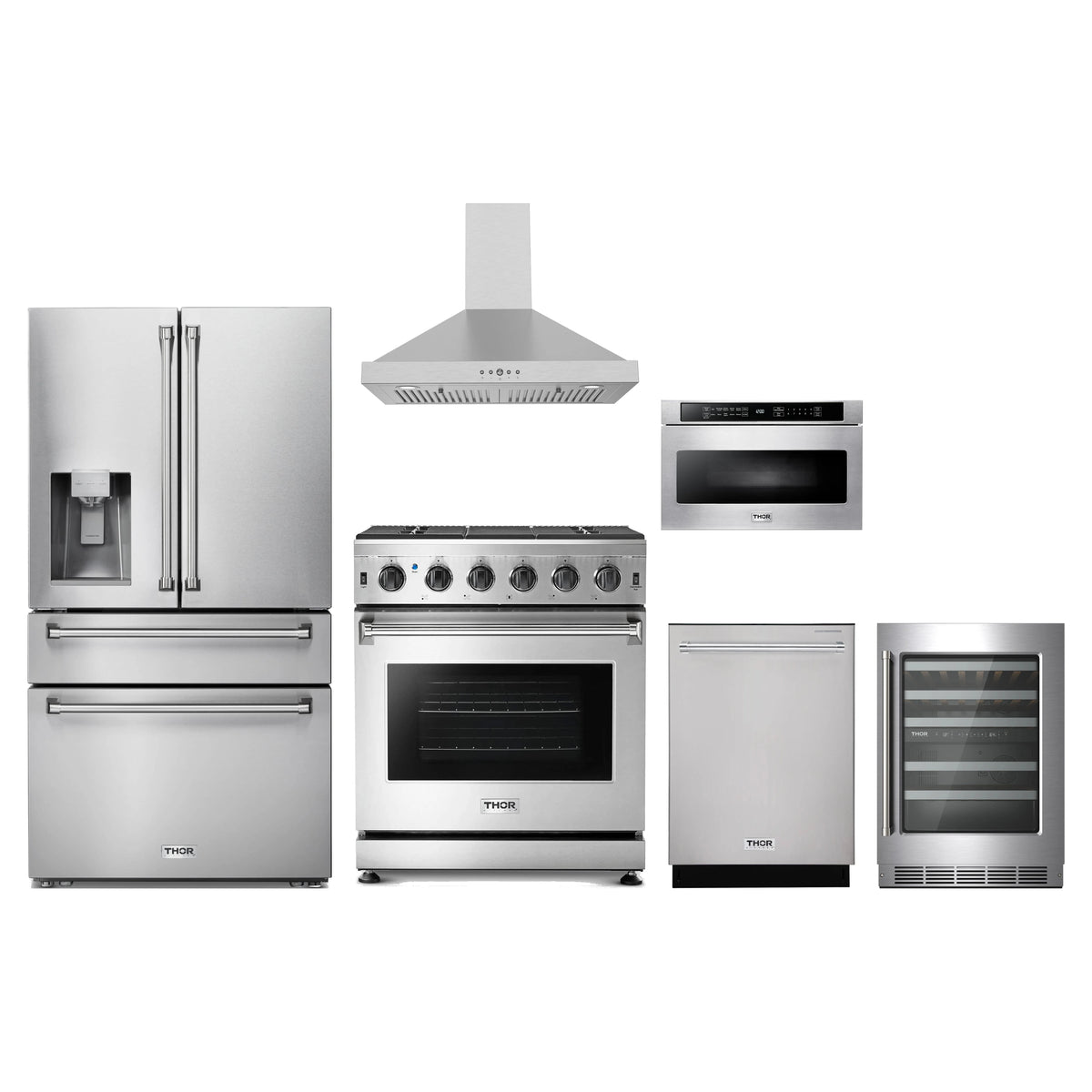 Thor Kitchen 6-Piece Appliance Package - 30-Inch Propane Gas Range, Refrigerator with Water Dispenser, Wall Mount Hood, Dishwasher, Microwave Drawer, & Wine Cooler in Stainless Steel