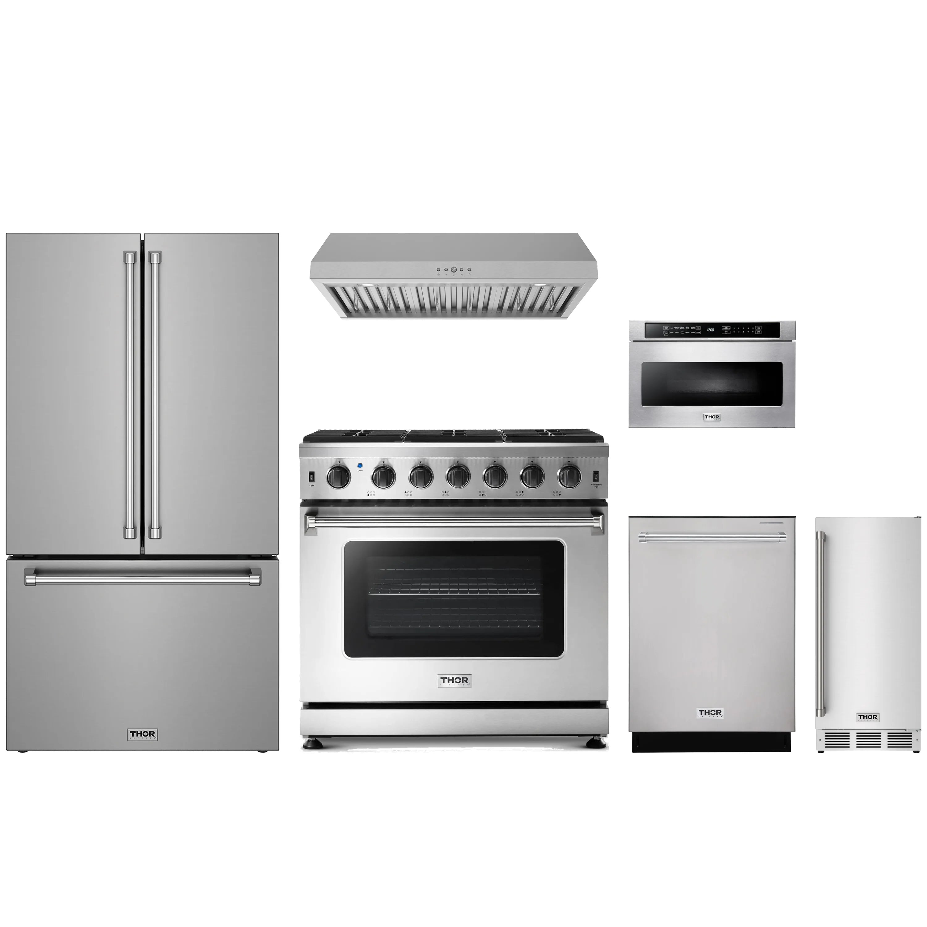 Stainless steel appliance bundle with gas range, hood, microwave drawer, dishwasher, and refrigerator