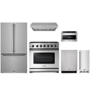 Stainless steel Thor Kitchen appliance package with 36-inch range, range hood, counter-depth refrigerator, dishwasher, microwave drawer, ice maker