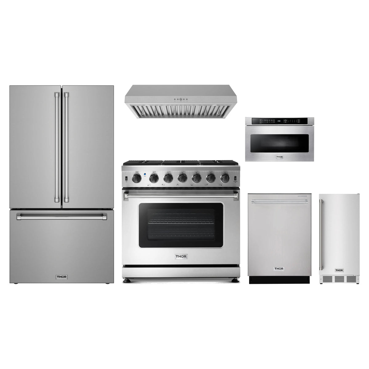 Thor Kitchen 6-Piece Appliance Package - 36-Inch Natural Gas Range, Counter-Depth Refrigerator, Under Cabinet Hood, Dishwasher, Microwave Drawer, & Ice Maker in Stainless Steel