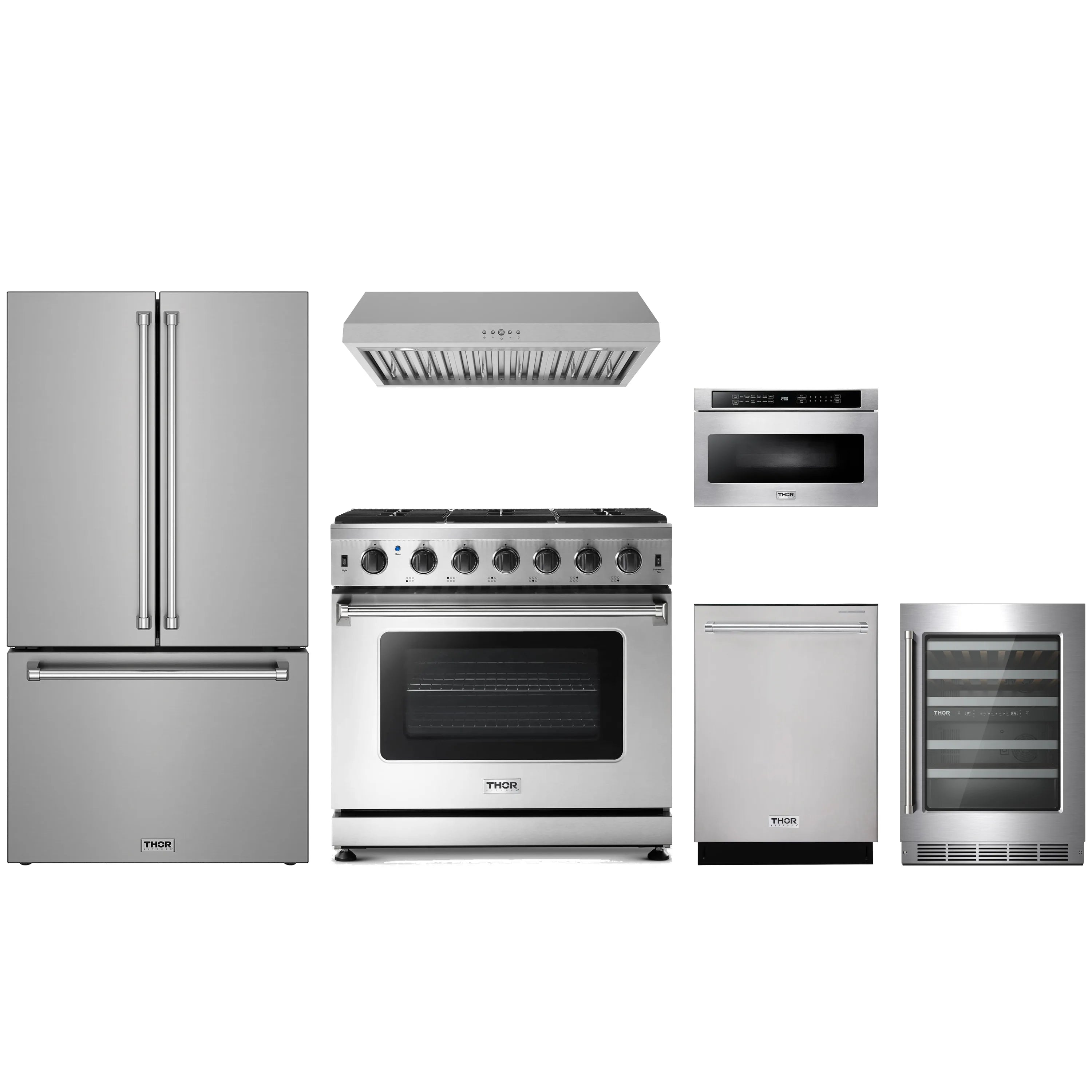 Stainless steel appliance package with gas range, hood, dishwasher, microwave drawer, fridge