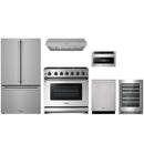 Stainless steel Thor Kitchen appliance package with 36-inch range, range hood, counter-depth refrigerator, dishwasher, microwave drawer, wine cooler