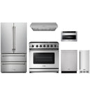 Stainless steel Thor Kitchen appliance package with 36-inch range, range hood, french door refrigerator, dishwasher, microwave drawer, ice maker
