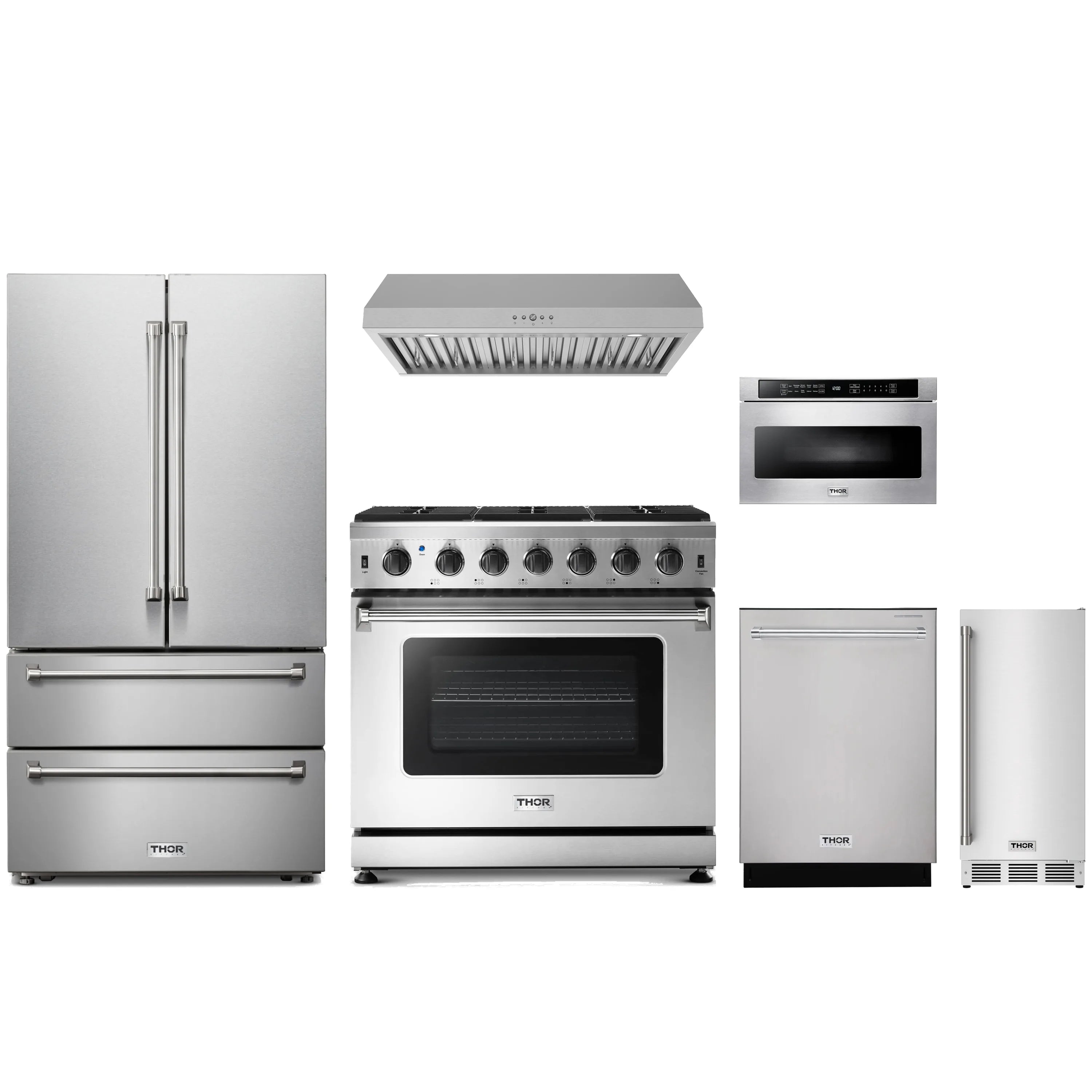 Stainless steel 6-piece kitchen appliance package with gas range, fridge, and hood