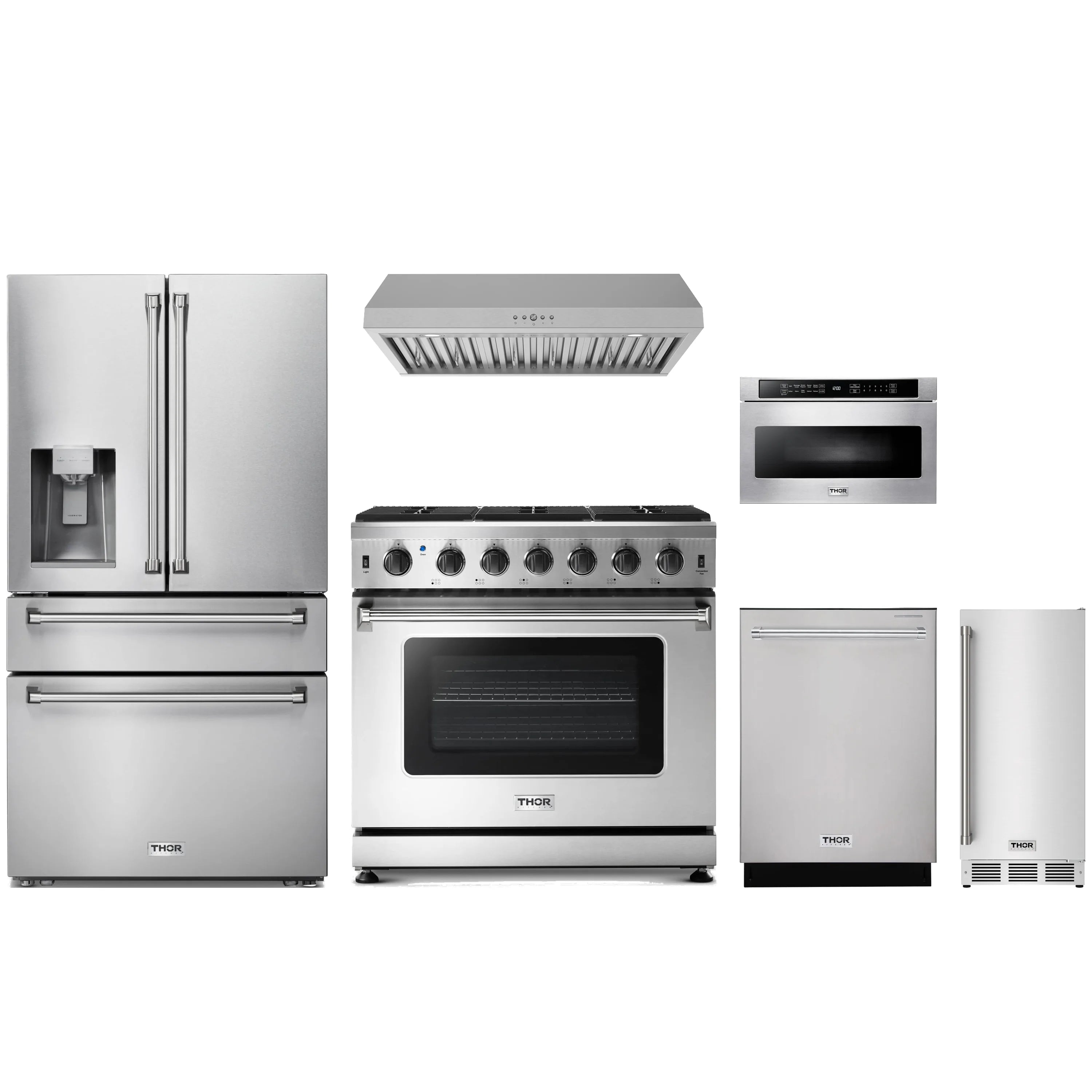 Stainless steel appliance package with range, hood, microwave drawer, dishwasher, and refrigerator