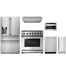 Stainless steel Thor Kitchen appliance package with 36-inch range, range hood, refrigerator with water dispenser, dishwasher, microwave drawer, ice maker
