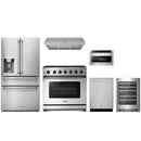Stainless steel Thor Kitchen appliance package with 36-inch range, range hood, refrigerator with water dispenser, dishwasher, microwave drawer, wine cooler