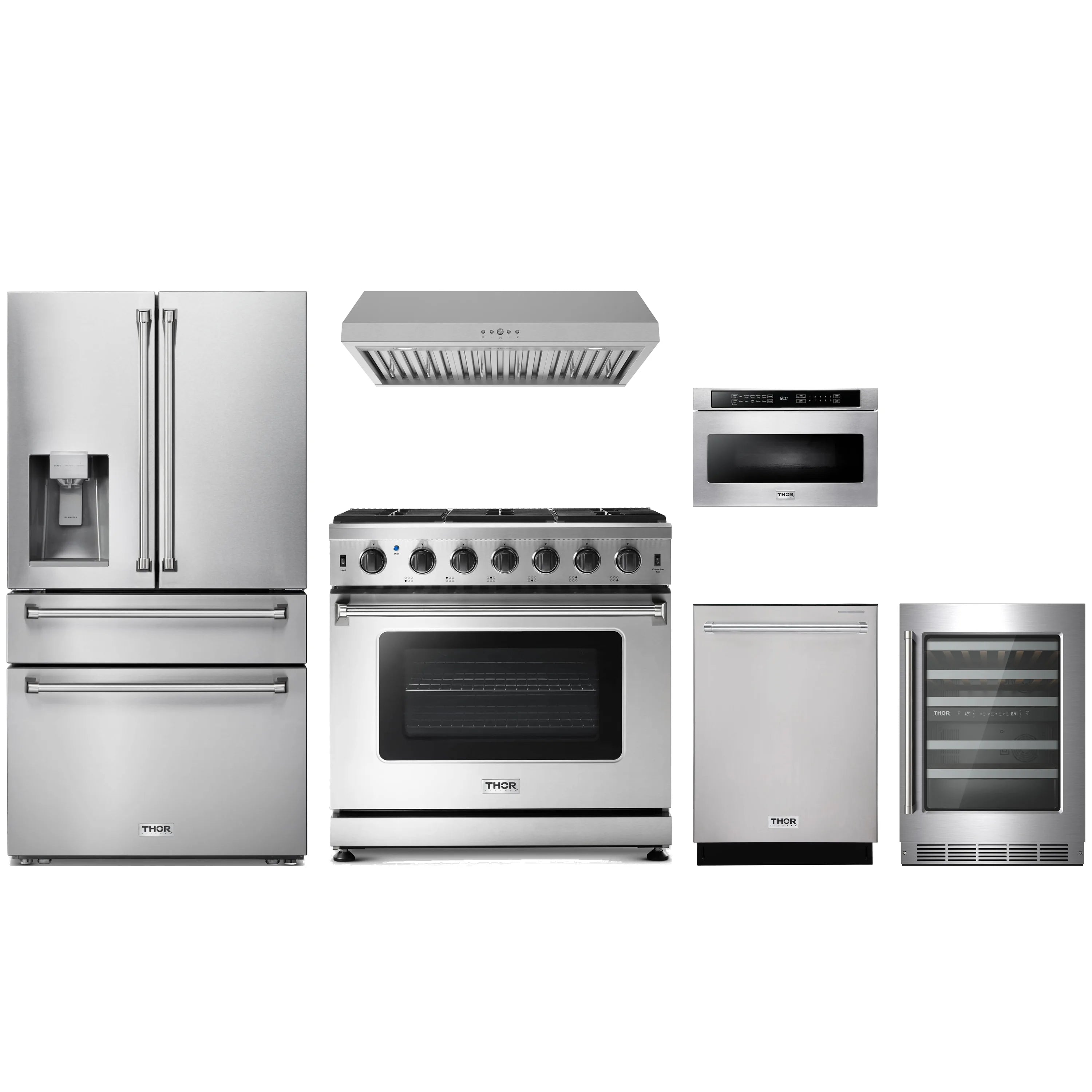 Stainless steel 6-piece appliance package: range, hood, fridge, dishwasher, microwave drawer, wine cooler