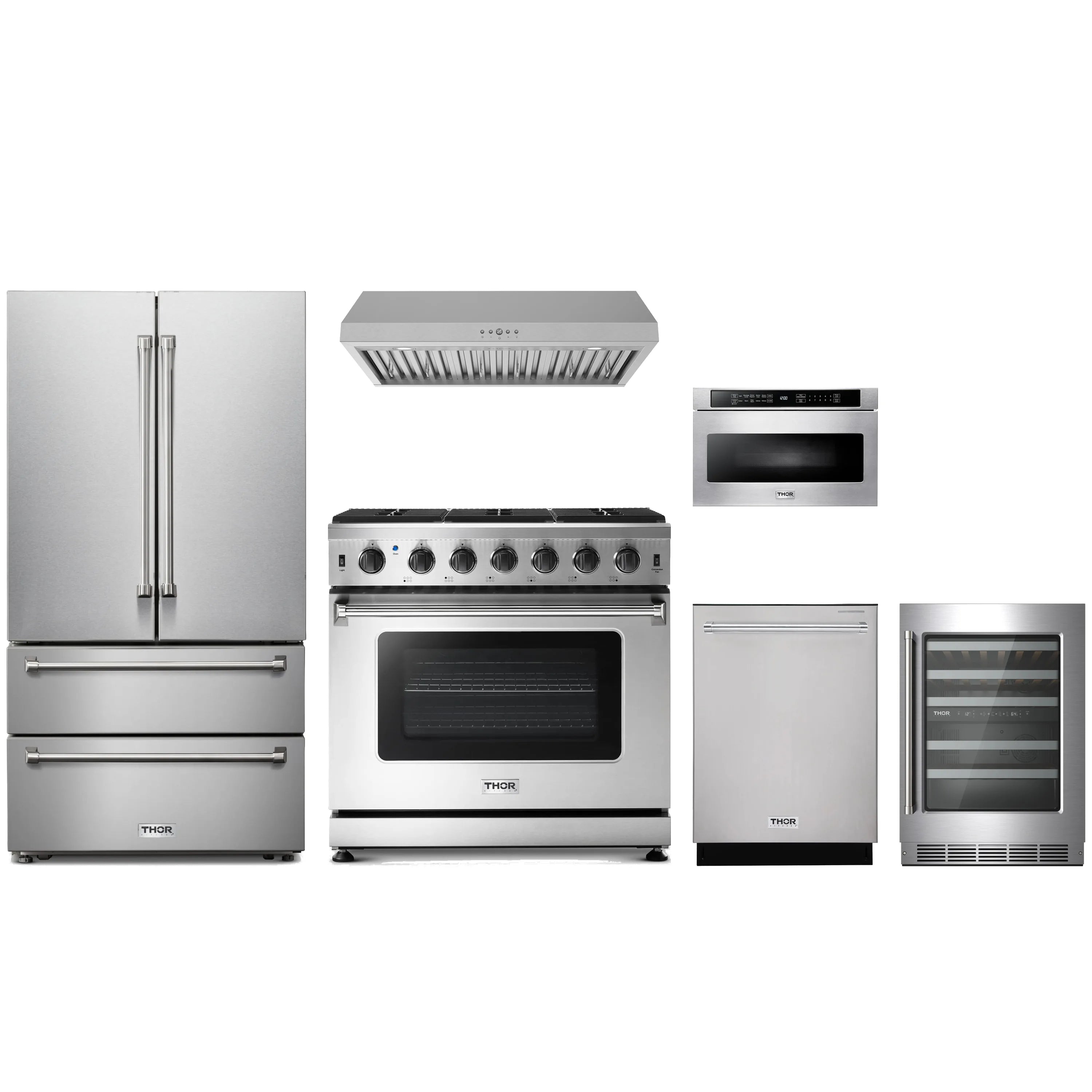 Stainless steel 6-piece appliance package with gas range, hood, dishwasher, microwave drawer