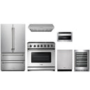 Stainless steel Thor Kitchen appliance package with 36-inch range, range hood, french door refrigerator, dishwasher, microwave drawer, wine cooler