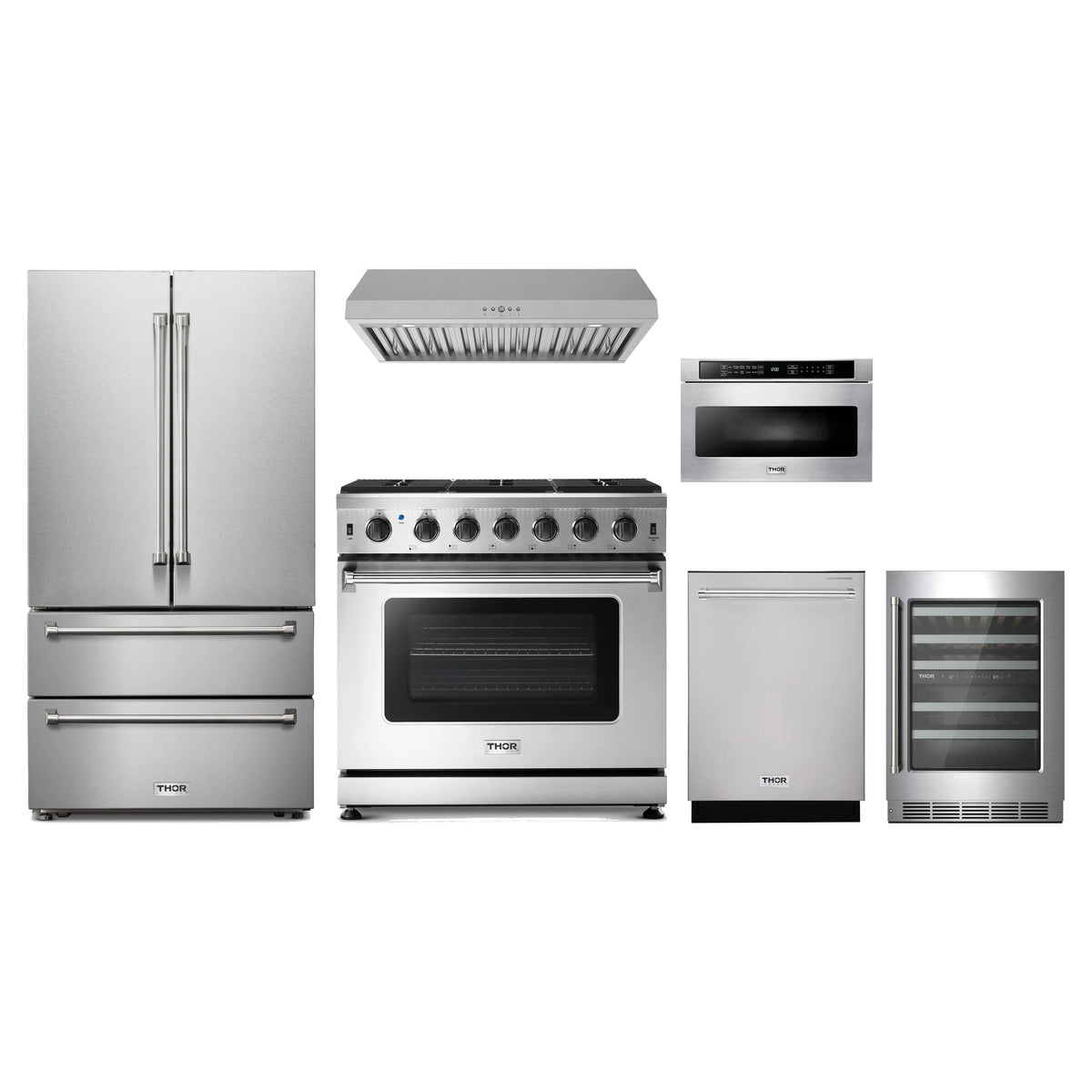 Thor Kitchen 6-Piece Appliance Package - 36-Inch Natural Gas Range, French Door Refrigerator, Under Cabinet Hood, Dishwasher, Microwave Drawer, & Wine Cooler in Stainless Steel