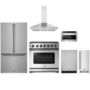 Stainless steel Thor Kitchen appliance package with 36-inch range, range hood, counter-depth refrigerator, dishwasher, microwave drawer, ice maker