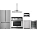 Stainless steel Thor Kitchen appliance package with 36-inch range, range hood, counter-depth refrigerator, dishwasher, microwave drawer, wine cooler