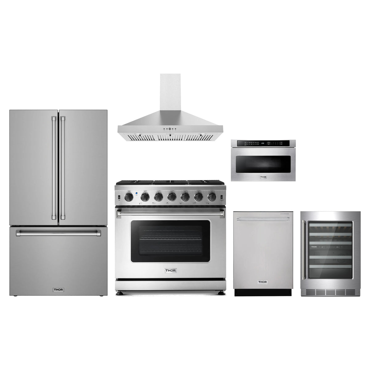 Thor Kitchen 6-Piece Appliance Package - 36-Inch Natural Gas Range, Counter-Depth Refrigerator, Wall Mount Hood, Dishwasher, Microwave Drawer, & Wine Cooler in Stainless Steel