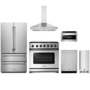 Stainless steel Thor Kitchen appliance package with 36-inch range, range hood, french door refrigerator, dishwasher, microwave drawer, ice maker