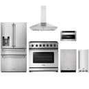 Stainless steel Thor Kitchen appliance package with 36-inch range, range hood, refrigerator with water dispenser, dishwasher, microwave drawer, ice maker