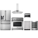 Stainless steel Thor Kitchen appliance package with 36-inch range, range hood, refrigerator with water dispenser, dishwasher, microwave drawer, wine cooler