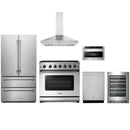 Stainless steel Thor Kitchen appliance package with 36-inch range, range hood, french door refrigerator, dishwasher, microwave drawer, wine cooler
