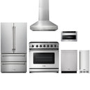 Stainless steel Thor Kitchen appliance package with 36-inch range, range hood, french door refrigerator, dishwasher, microwave drawer, ice maker