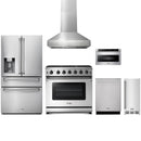 Stainless steel Thor Kitchen appliance package with 36-inch range, range hood, refrigerator with water dispenser, dishwasher, microwave drawer, ice maker