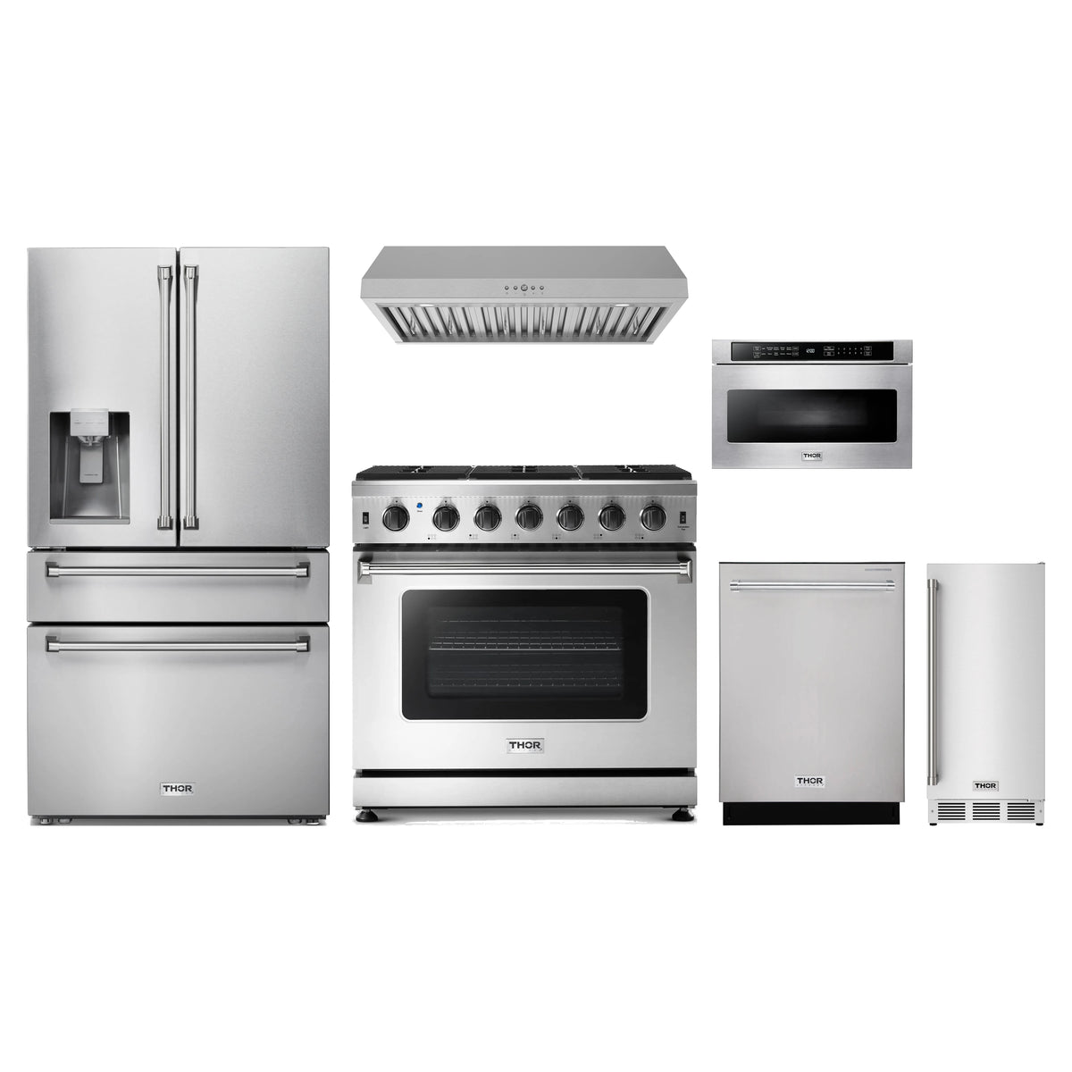 Thor Kitchen 6-Piece Appliance Package - 36-Inch Propane Gas Range, Refrigerator with Water Dispenser, Under Cabinet Hood, Dishwasher, Microwave Drawer, & Ice Maker in Stainless Steel