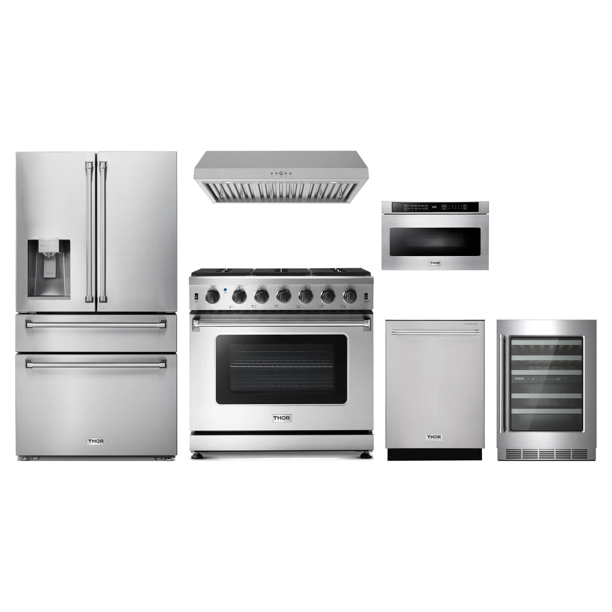 Thor Kitchen 6-Piece Appliance Package - 36-Inch Propane Gas Range, Refrigerator with Water Dispenser, Under Cabinet Hood, Dishwasher, Microwave Drawer, & Wine Cooler in Stainless Steel