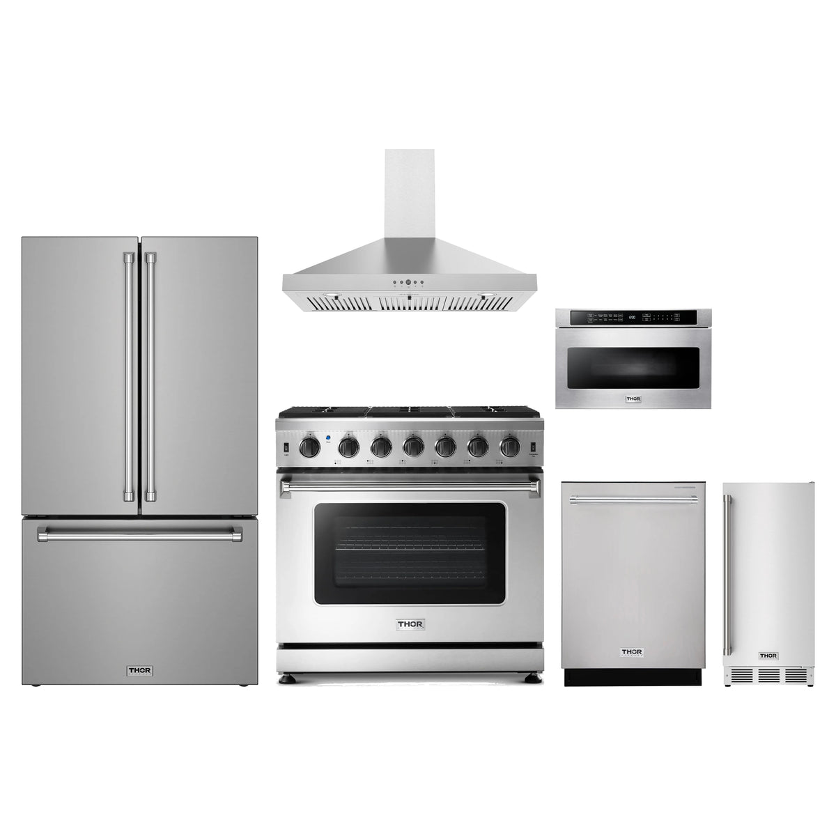Thor Kitchen 6-Piece Appliance Package - 36-Inch Propane Gas Range, Counter-Depth Refrigerator, Wall Mount Hood, Dishwasher, Microwave Drawer, & Ice Maker in Stainless Steel