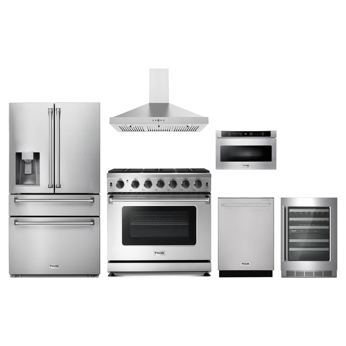 Thor Kitchen 6-Piece Appliance Package - 36-Inch Propane Gas Range, Refrigerator with Water Dispenser, Wall Mount Hood, Dishwasher, Microwave Drawer, & Wine Cooler in Stainless Steel