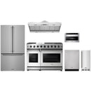 Stainless steel Thor Kitchen appliance package with 48-inch range, range hood, counter-depth refrigerator, dishwasher, microwave drawer, ice maker