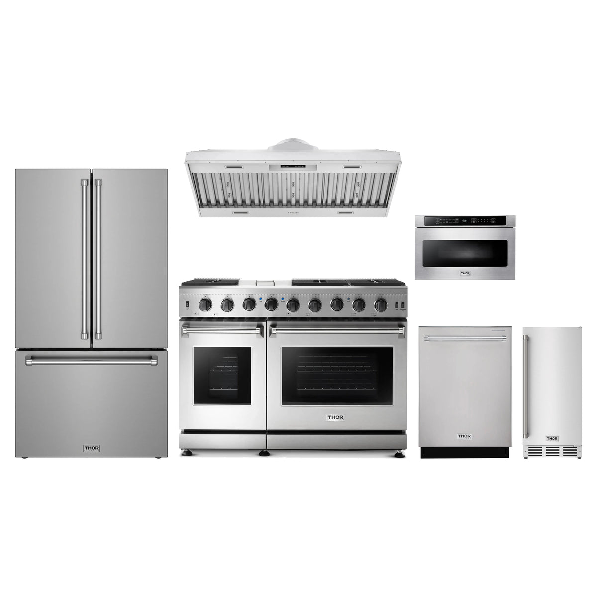 Thor Kitchen 6-Piece Appliance Package - 48-Inch Natural Gas Range, Counter-Depth Refrigerator, Hood Insert, Dishwasher, Microwave Drawer, & Ice Maker in Stainless Steel