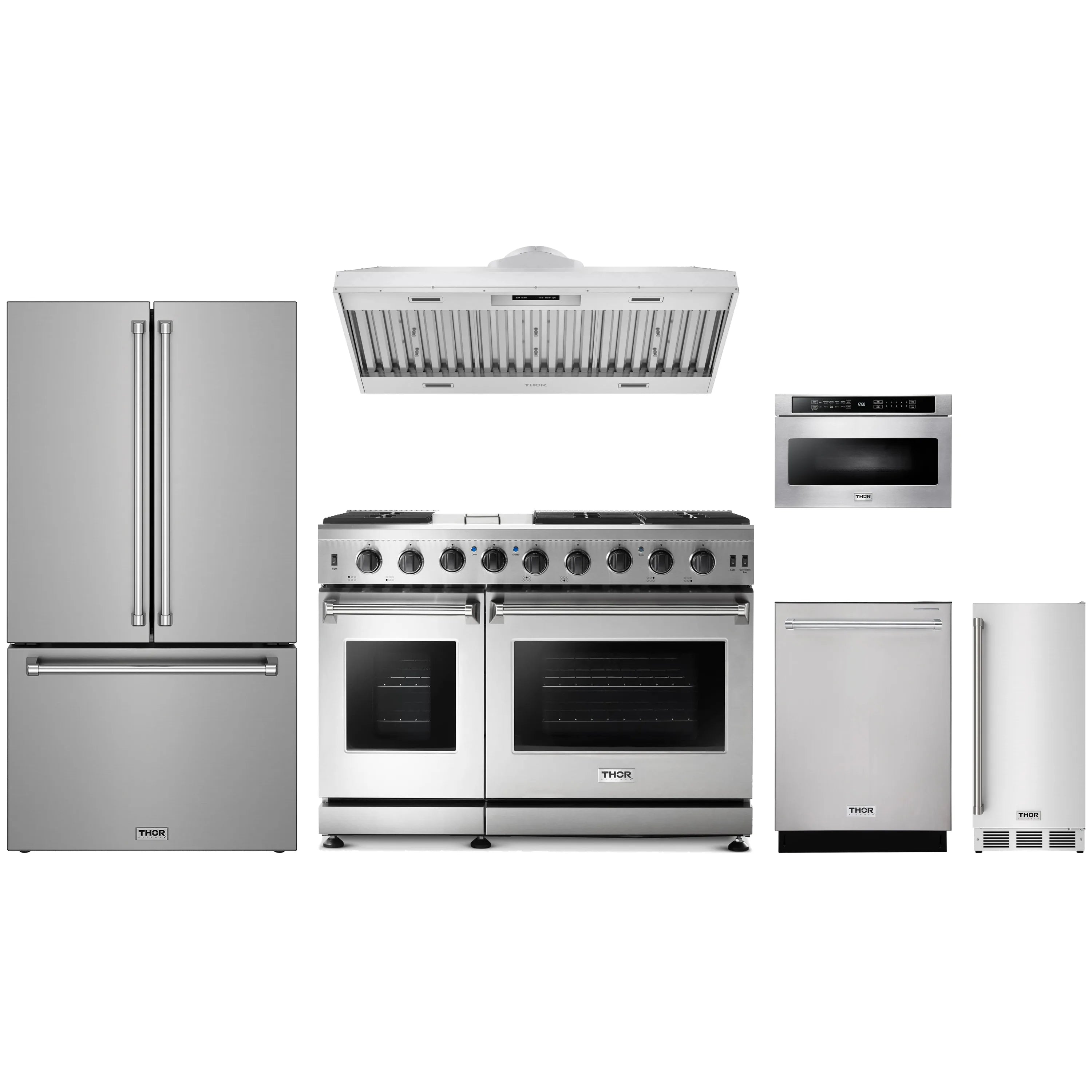 Stainless steel appliance package with 48-inch gas range, hood insert, microwave, dishwasher