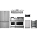 Stainless steel Thor Kitchen appliance package with 48-inch range, range hood, counter-depth refrigerator, dishwasher, microwave drawer, wine cooler
