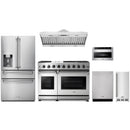 Stainless steel Thor Kitchen appliance package with 48-inch range, range hood, refrigerator with water dispenser, dishwasher, microwave drawer, ice maker
