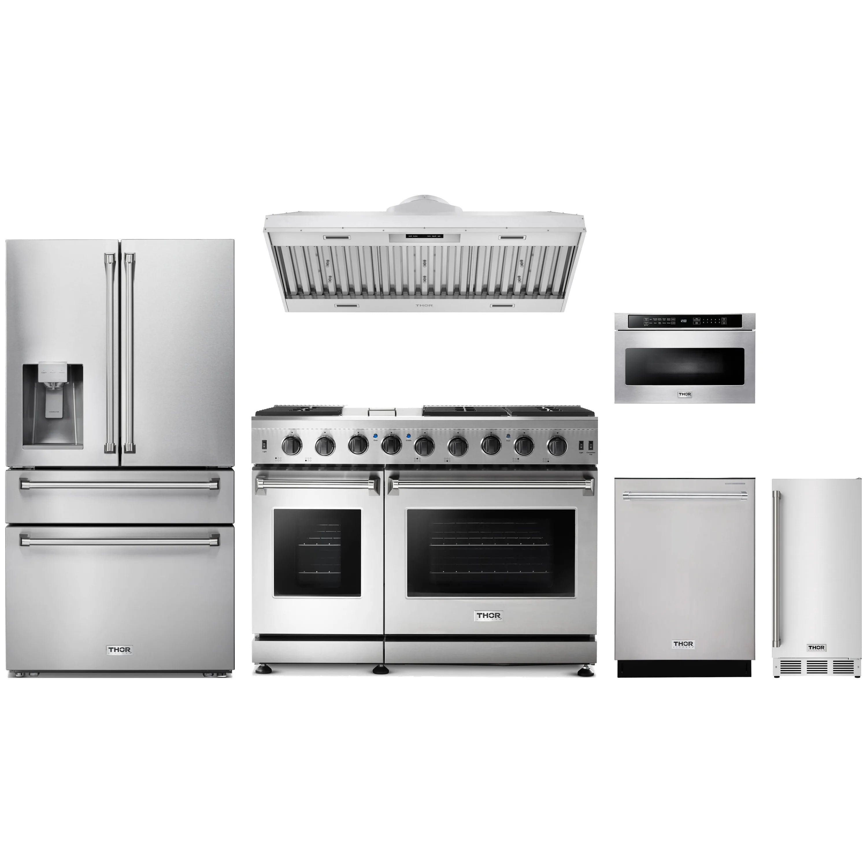 Stainless steel kitchen appliance set: refrigerator, gas range, dishwasher, hood, microwave drawer