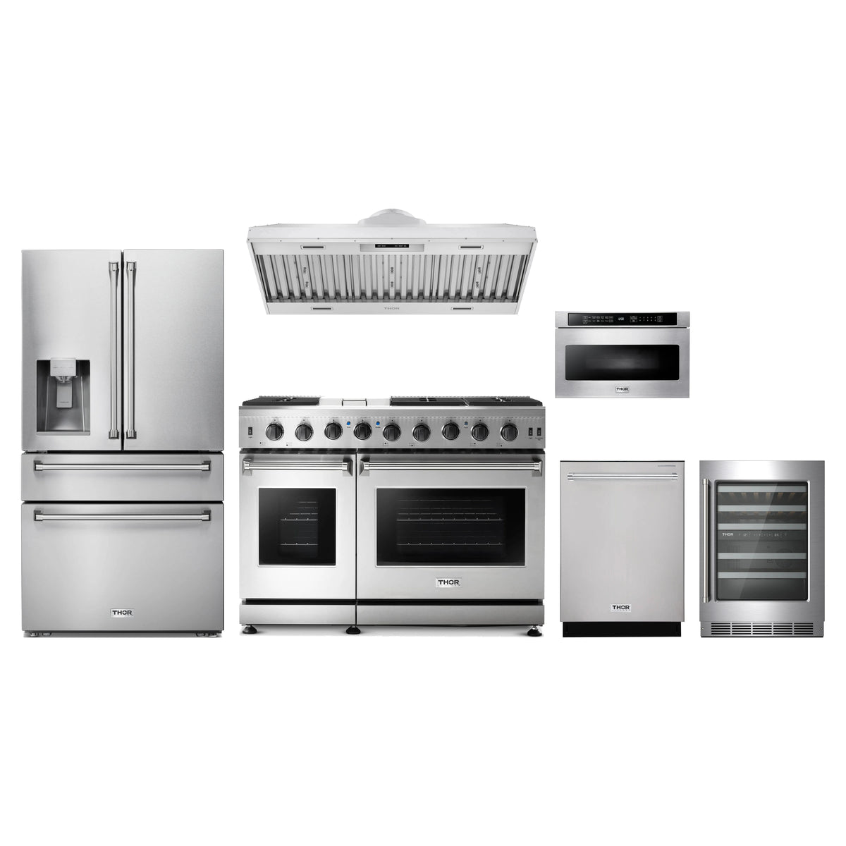 Thor Kitchen 6-Piece Appliance Package - 48-Inch Natural Gas Range, Refrigerator with Water Dispenser, Hood Insert, Dishwasher, Microwave Drawer, & Wine Cooler in Stainless Steel