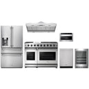 Stainless steel Thor Kitchen appliance package with 48-inch range, range hood, refrigerator with water dispenser, dishwasher, microwave drawer, wine cooler
