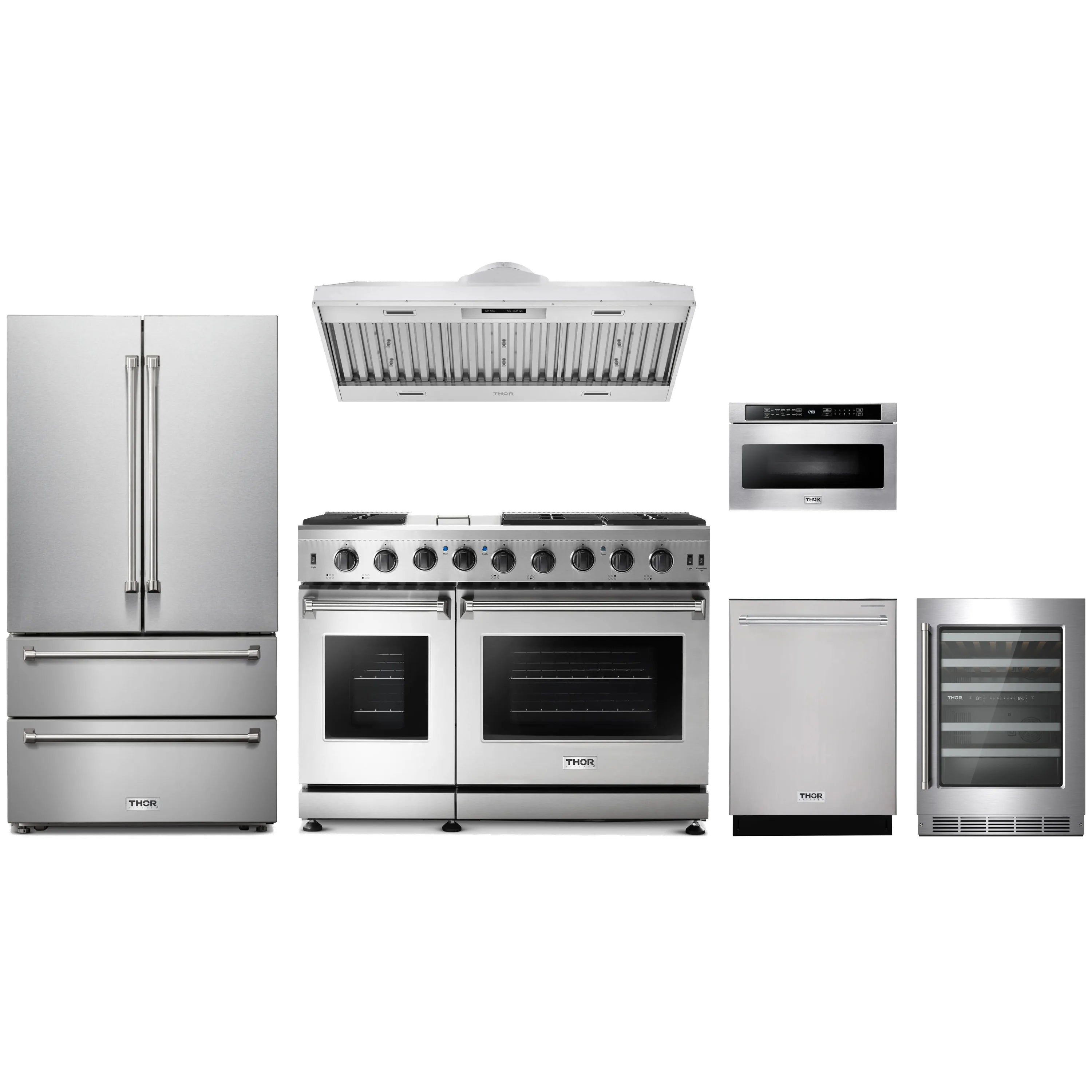 Stainless steel appliance package with French door refrigerator and gas range, hood insert, dishwasher