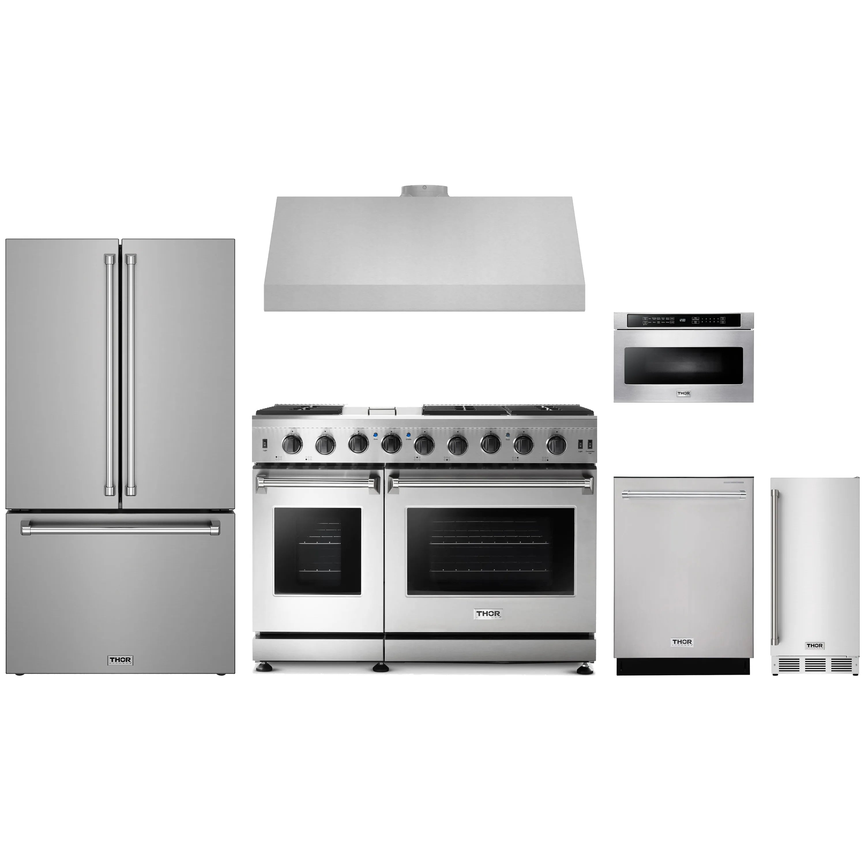 Stainless steel kitchen appliance set with gas range, refrigerator, hood, dishwasher